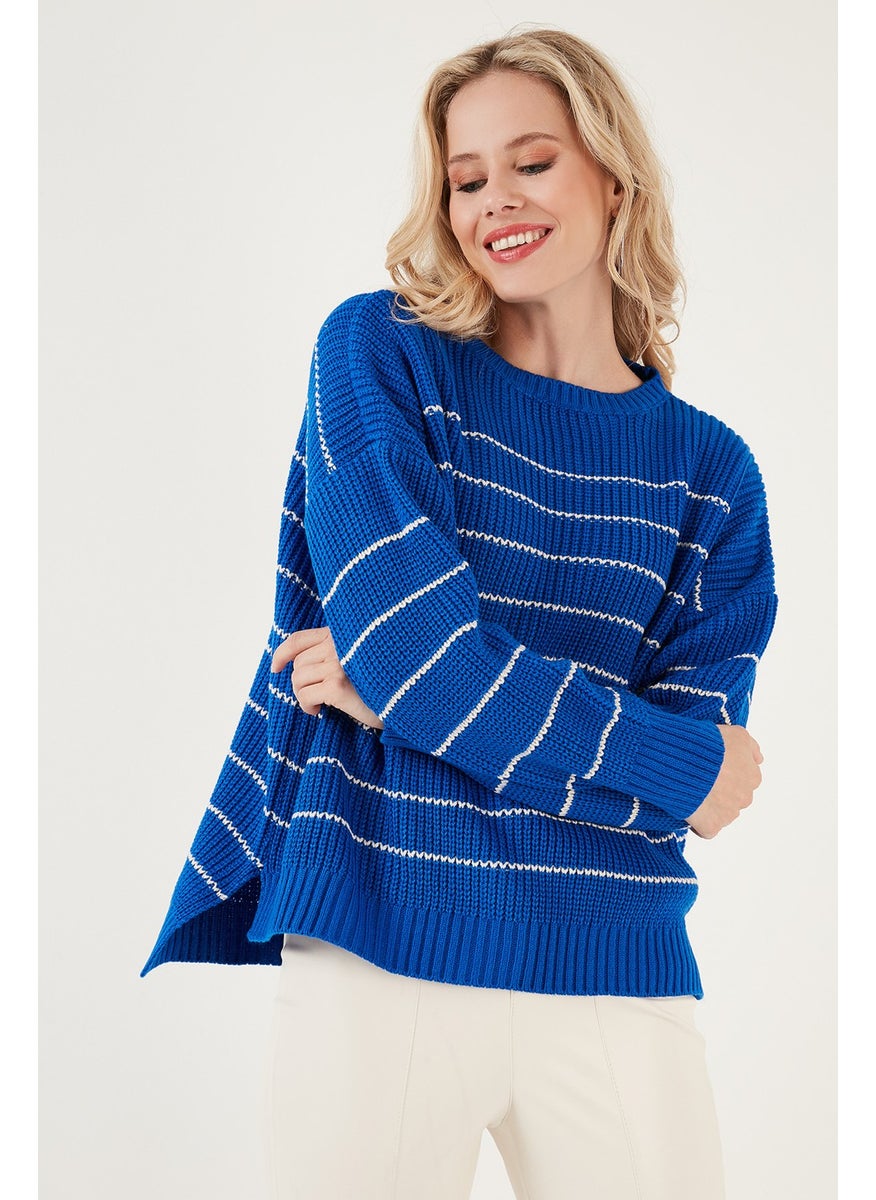 Striped Long Back Crew Neck Knitted Sweater Women's Sweater 4616133