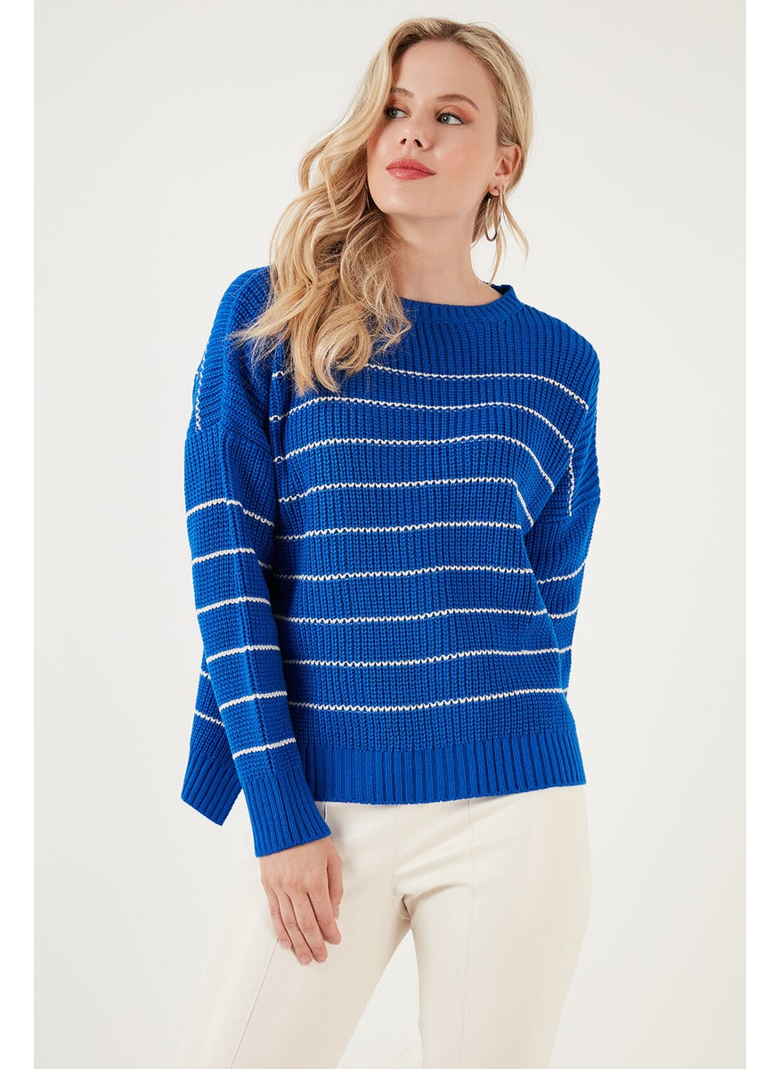 Striped Long Back Crew Neck Knitted Sweater Women's Sweater 4616133