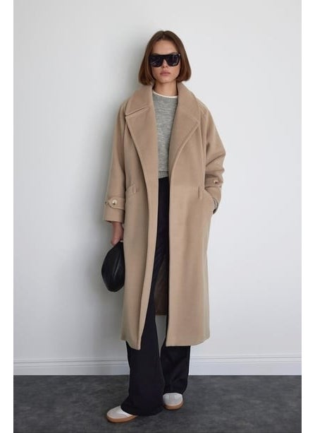 Saud Collection Beige Wide Collar Cashmere Coat