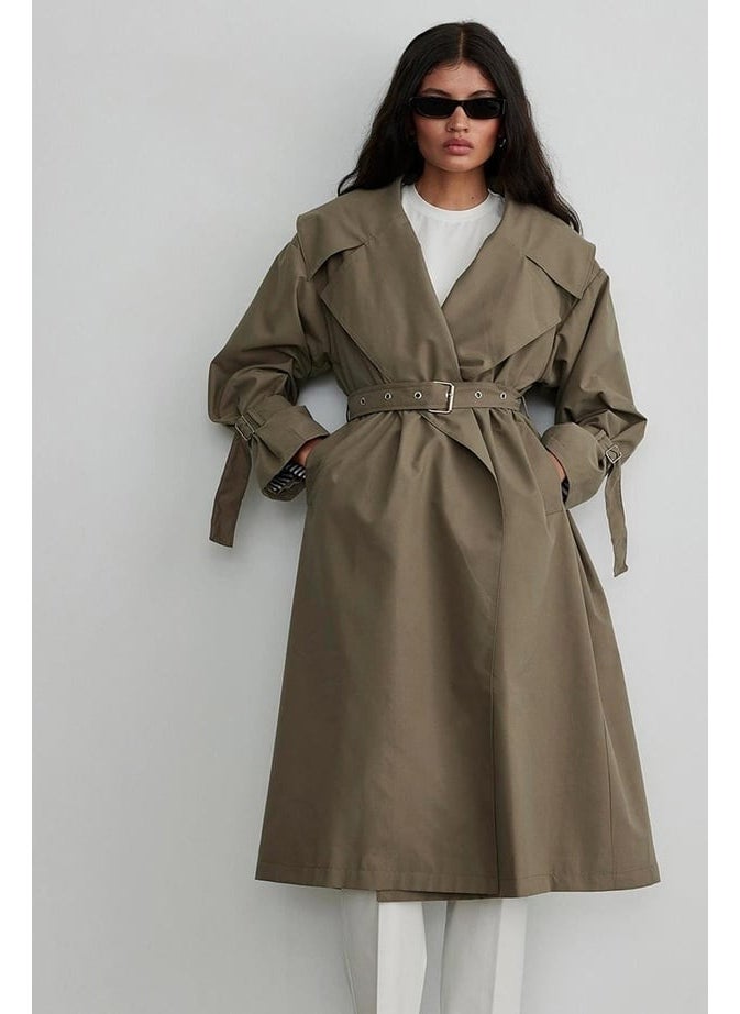 Saud Collection Khaki Metal Buckle Oversize Trench Coat