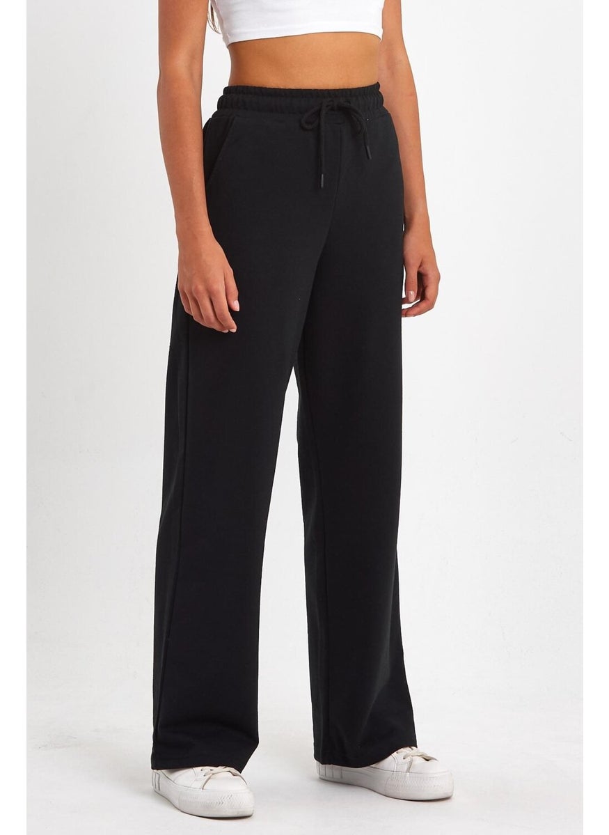 Women's Seasonal Casual Wide Leg Side Pocket Black Sweatpants