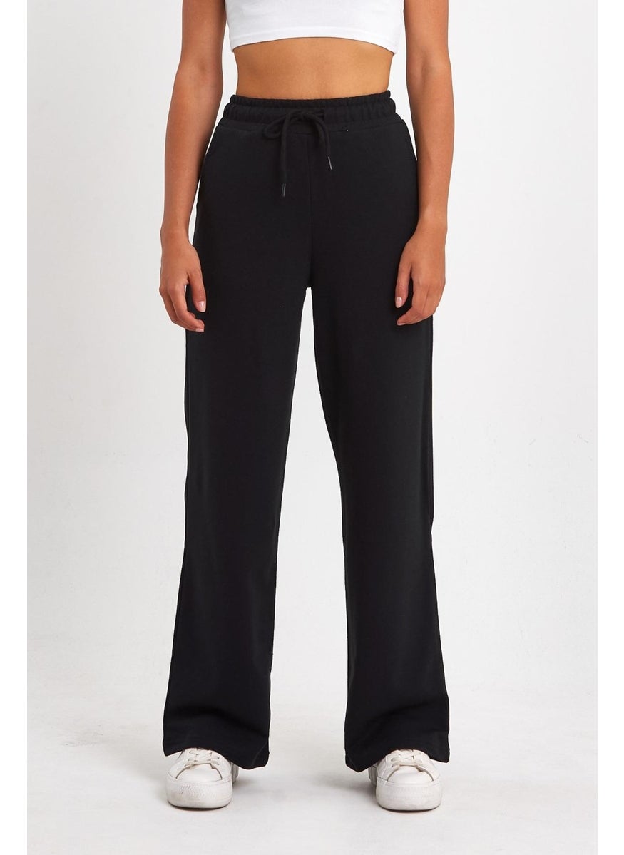 Women's Seasonal Casual Wide Leg Side Pocket Black Sweatpants