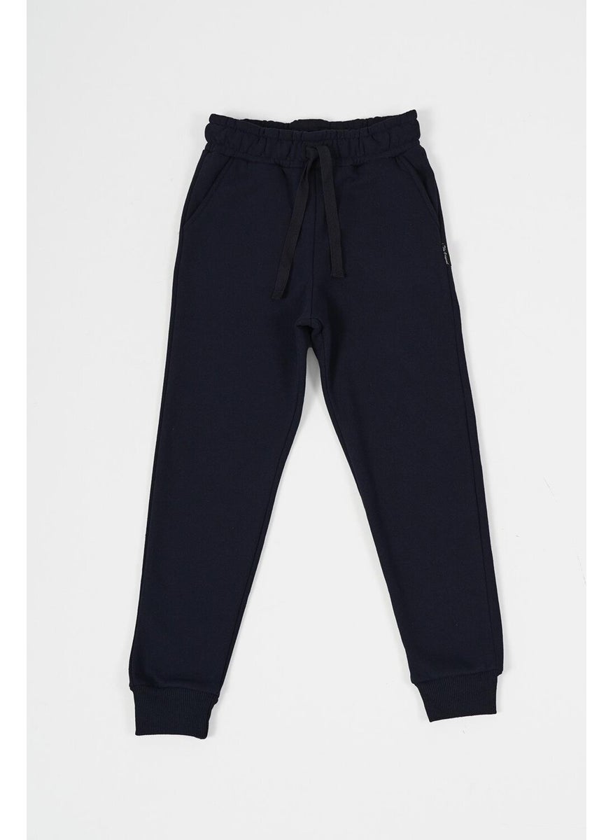 Metallic Navy Blue Thick Cotton Elastic Waist and Leg Pocket 5-6-7-8-9-10-11-12 Years Old Boy Tracksuit Bottoms