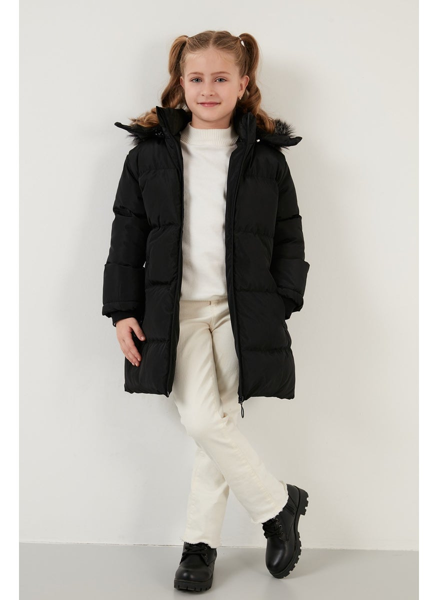 Plush Lined Faux Fur Collar Removable Hooded Winter Coat Girls' Coat 5760072