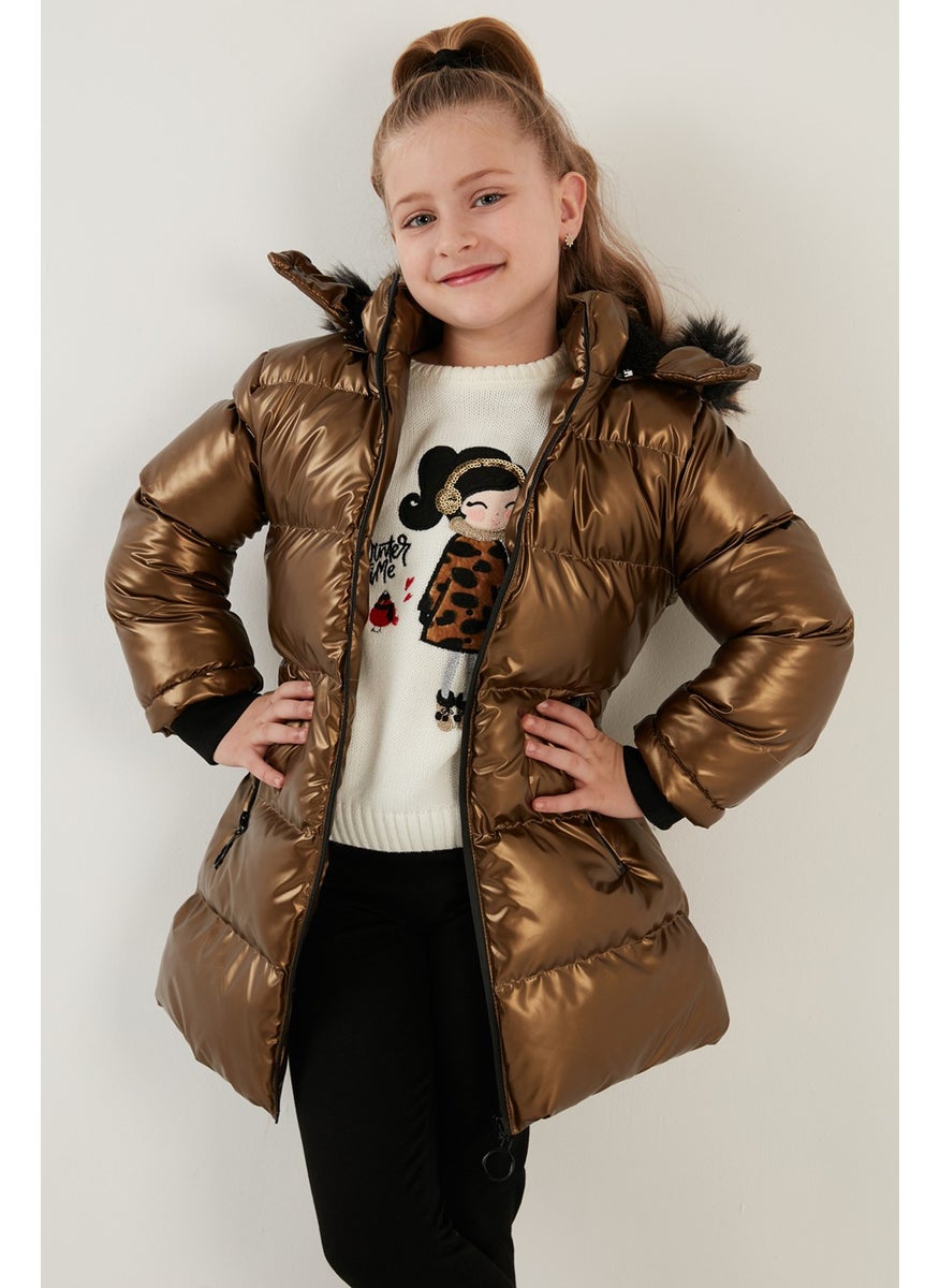 Plush Lined Faux Fur Collar Removable Hooded Winter Coat Girls' Coat 5761908
