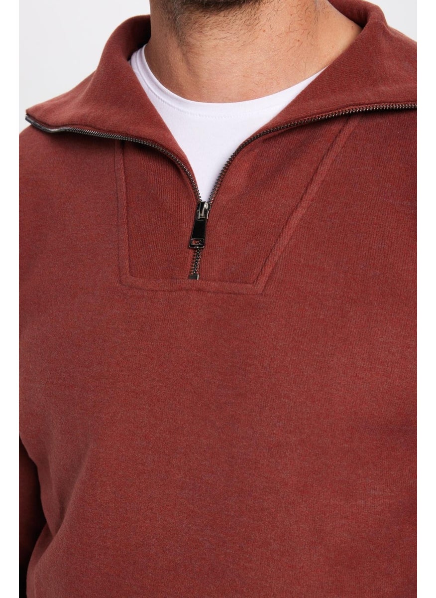 Unisex Relax Fit Casual Cut Patterned Cotton Half Zipper Brick Color Stand Collar Sweatshirt