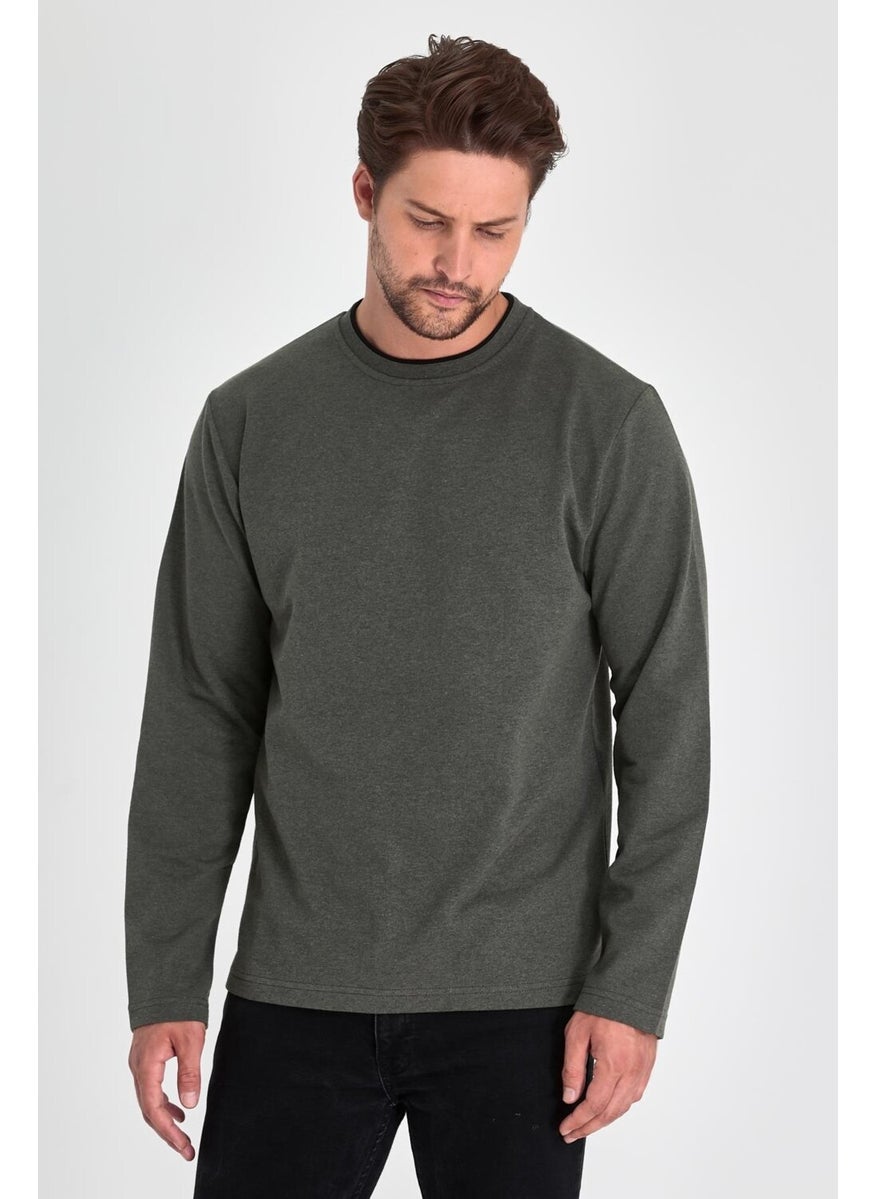 Men's Khaki Double Crew Neck Standard Relaxed Cut Sweatshirt