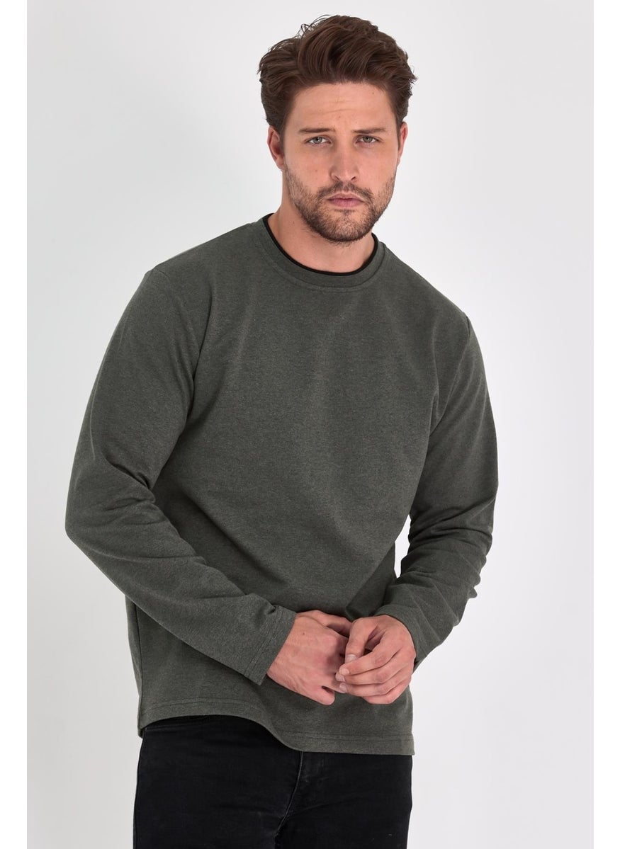 Men's Khaki Double Crew Neck Standard Relaxed Cut Sweatshirt