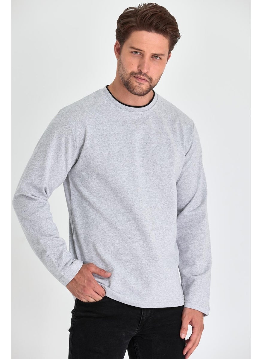 Men's Gray Double Crew Neck Standard Comfortable Cut Sweatshirt