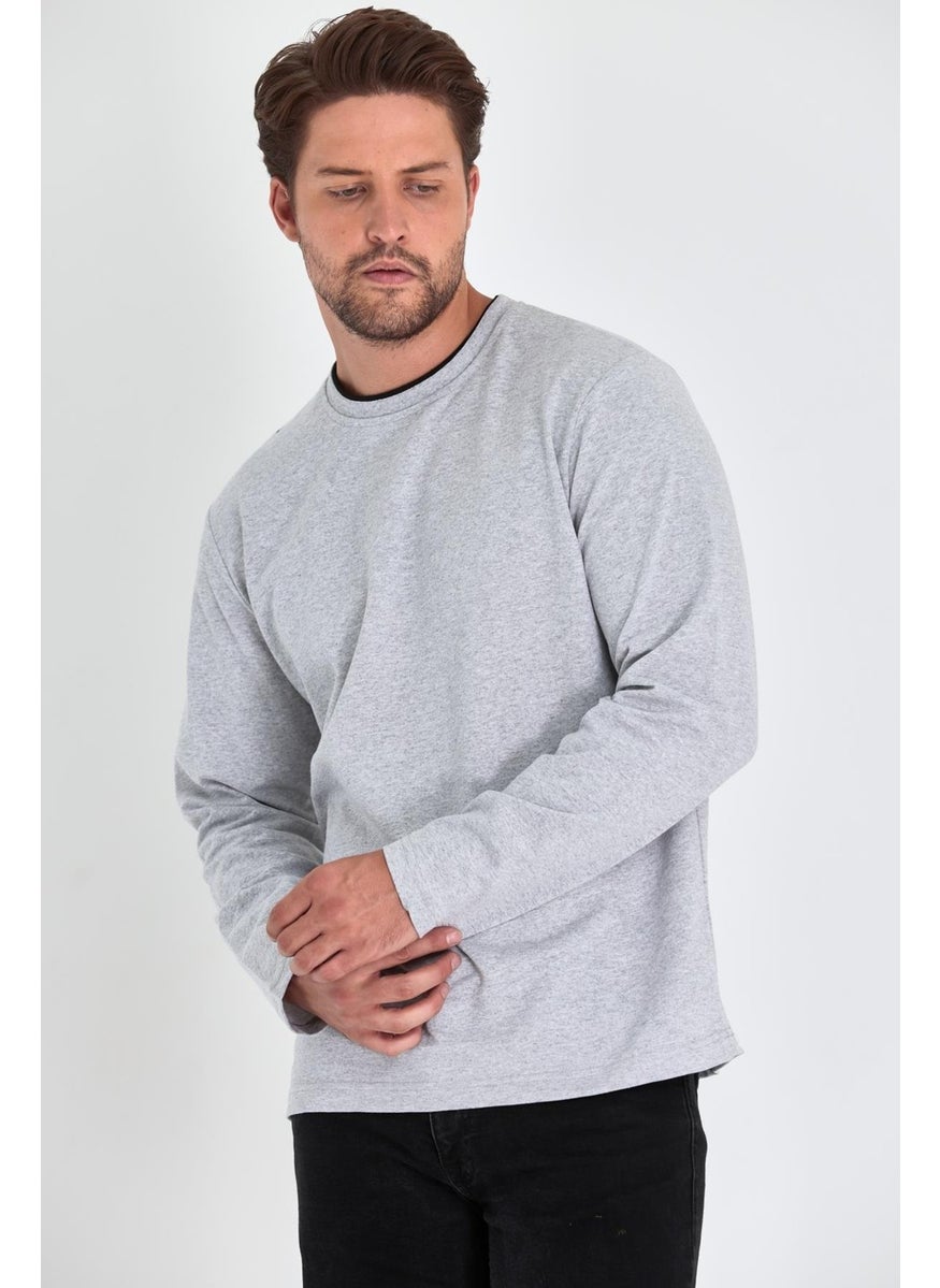 Men's Gray Double Crew Neck Standard Comfortable Cut Sweatshirt