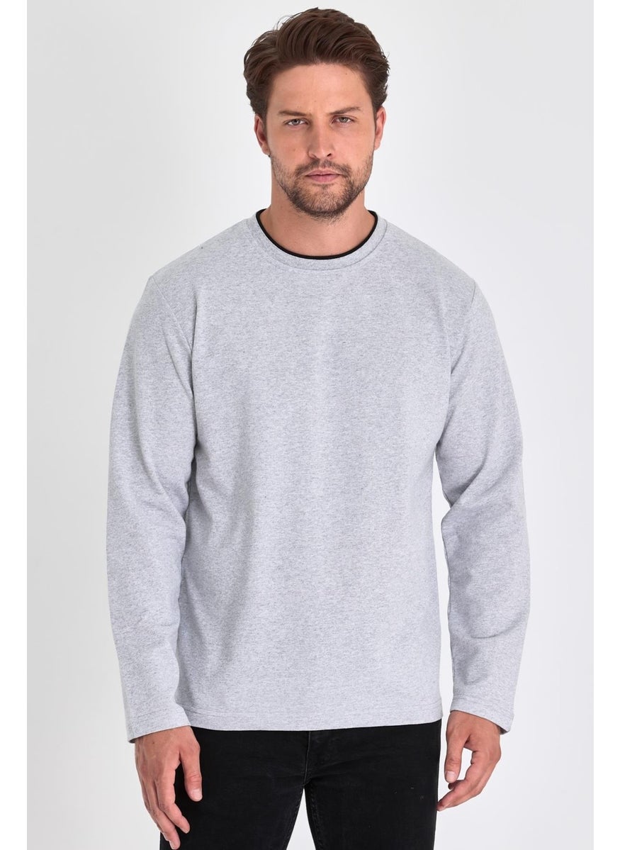 Men's Gray Double Crew Neck Standard Comfortable Cut Sweatshirt