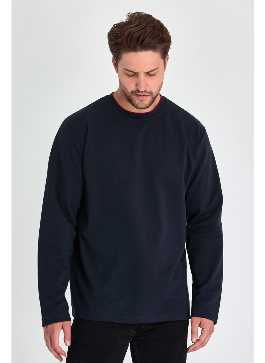 Metalic Men's Navy Blue Double Crew Neck Standard Relaxed Cut Sweatshirt