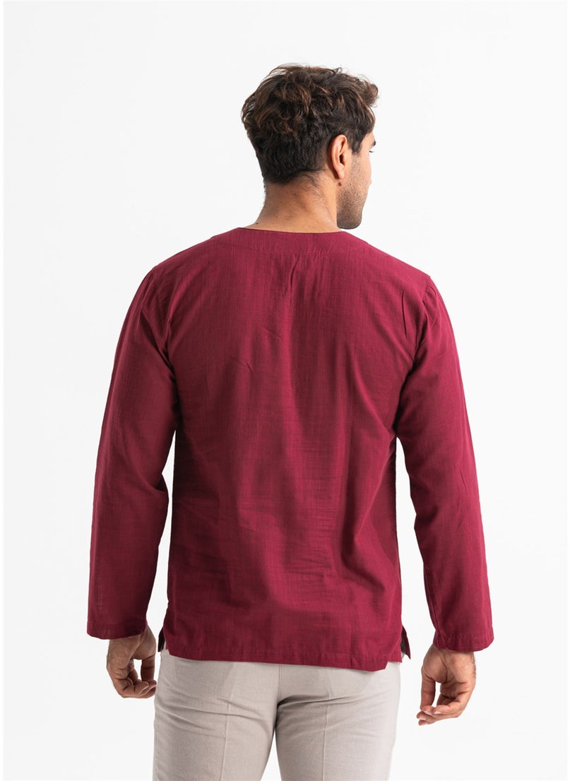 Long Sleeve Şile Cloth Stapled Men's Tshirt Dark Claret Red 3068