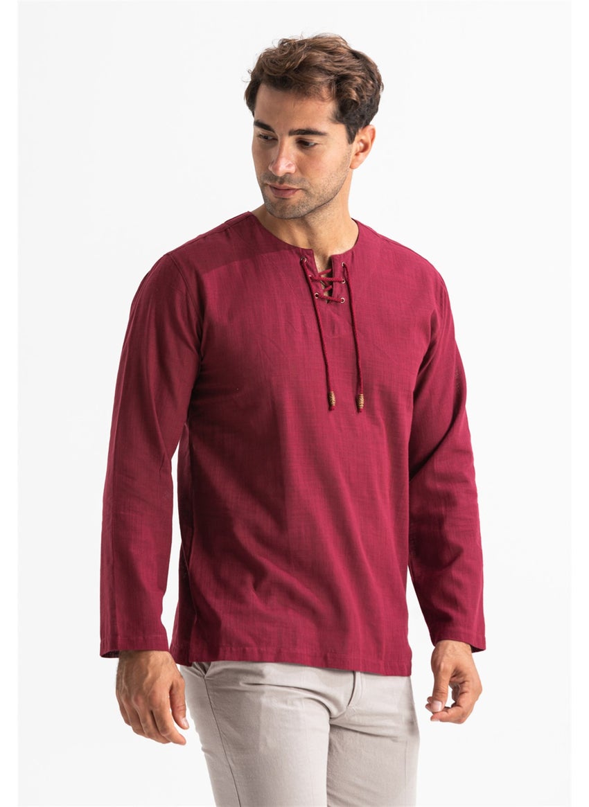 Long Sleeve Şile Cloth Stapled Men's Tshirt Dark Claret Red 3068