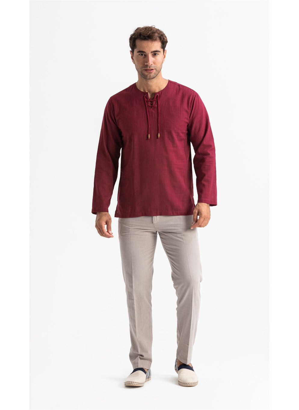 Long Sleeve Şile Cloth Stapled Men's Tshirt Dark Claret Red 3068