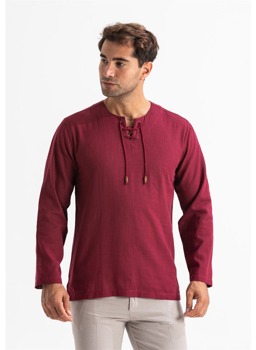 Long Sleeve Şile Cloth Stapled Men's Tshirt Dark Claret Red 3068