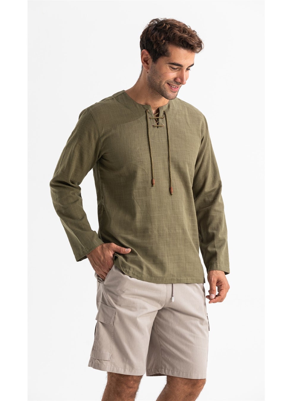 Long Sleeve Şile Cloth Stapled Men's Tshirt Khaki 3049