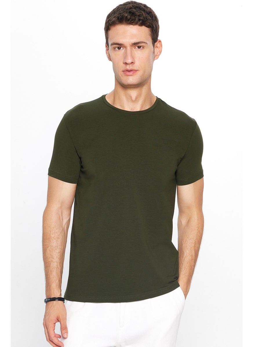 Men's Slim Fit Slim Cut Cotton Soft Texture Flexible Fabric Plain Basic Khaki Crew Neck T-Shirt