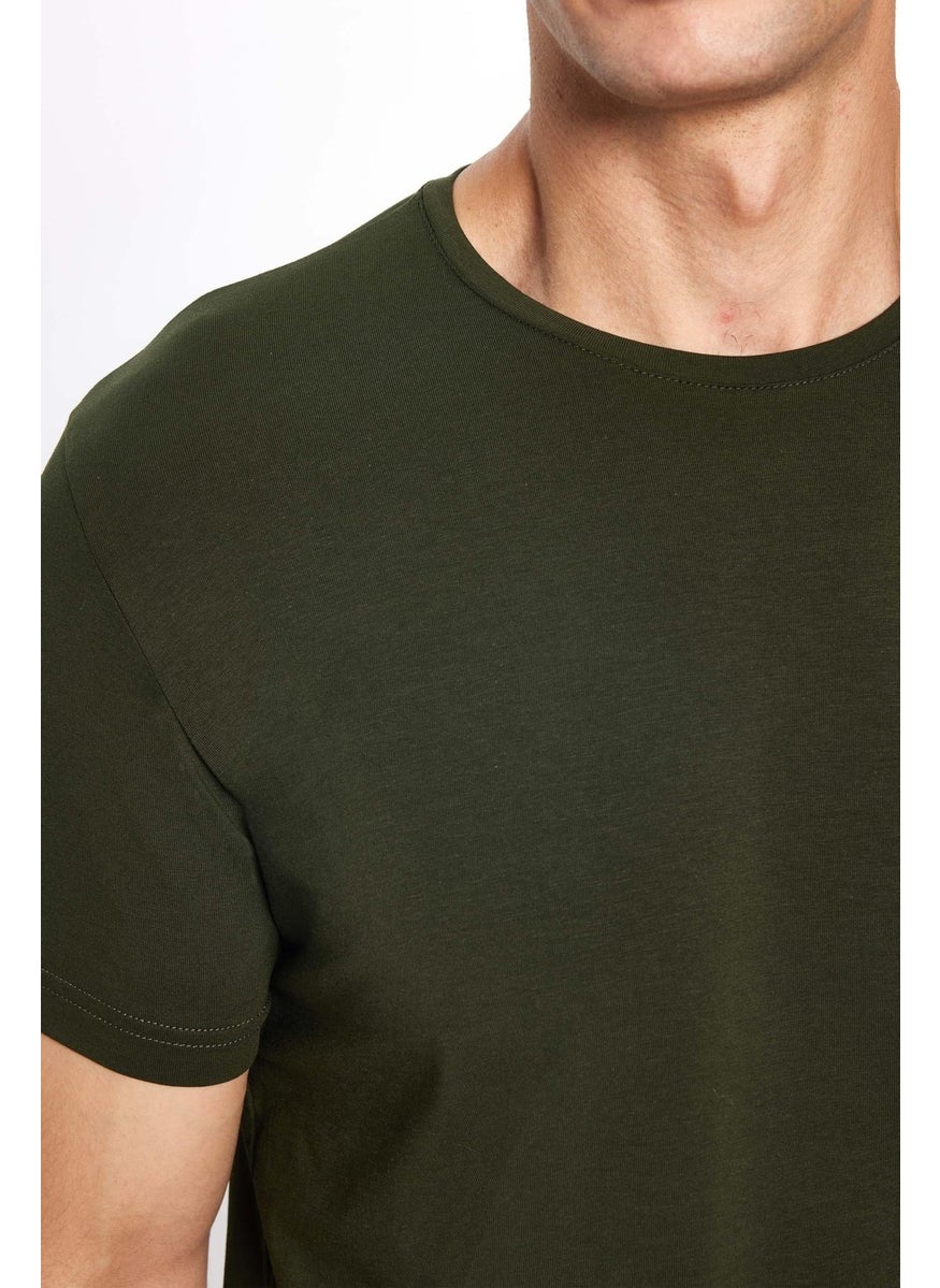 Men's Slim Fit Slim Cut Cotton Soft Texture Flexible Fabric Plain Basic Khaki Crew Neck T-Shirt