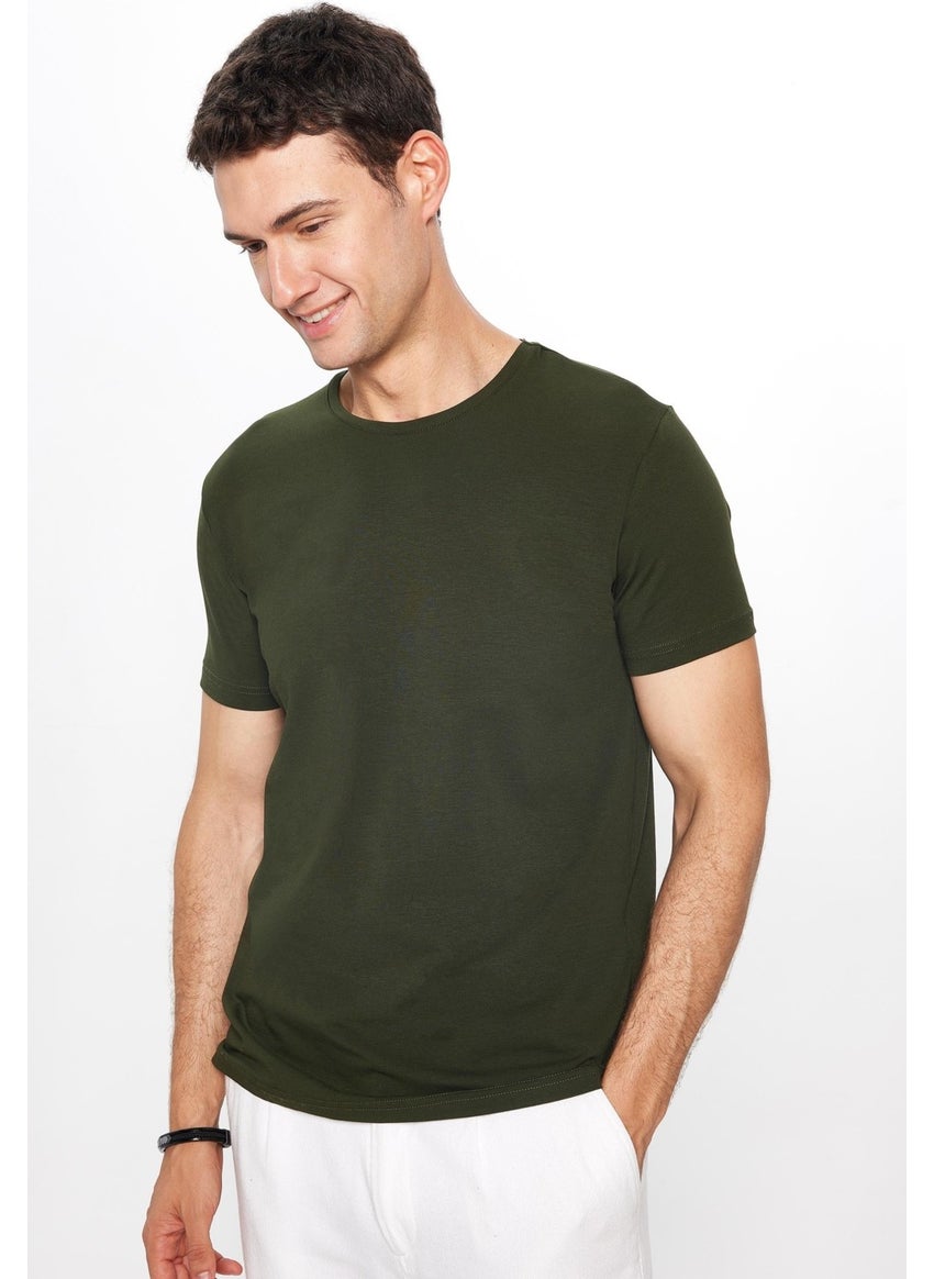 Men's Slim Fit Slim Cut Cotton Soft Texture Flexible Fabric Plain Basic Khaki Crew Neck T-Shirt