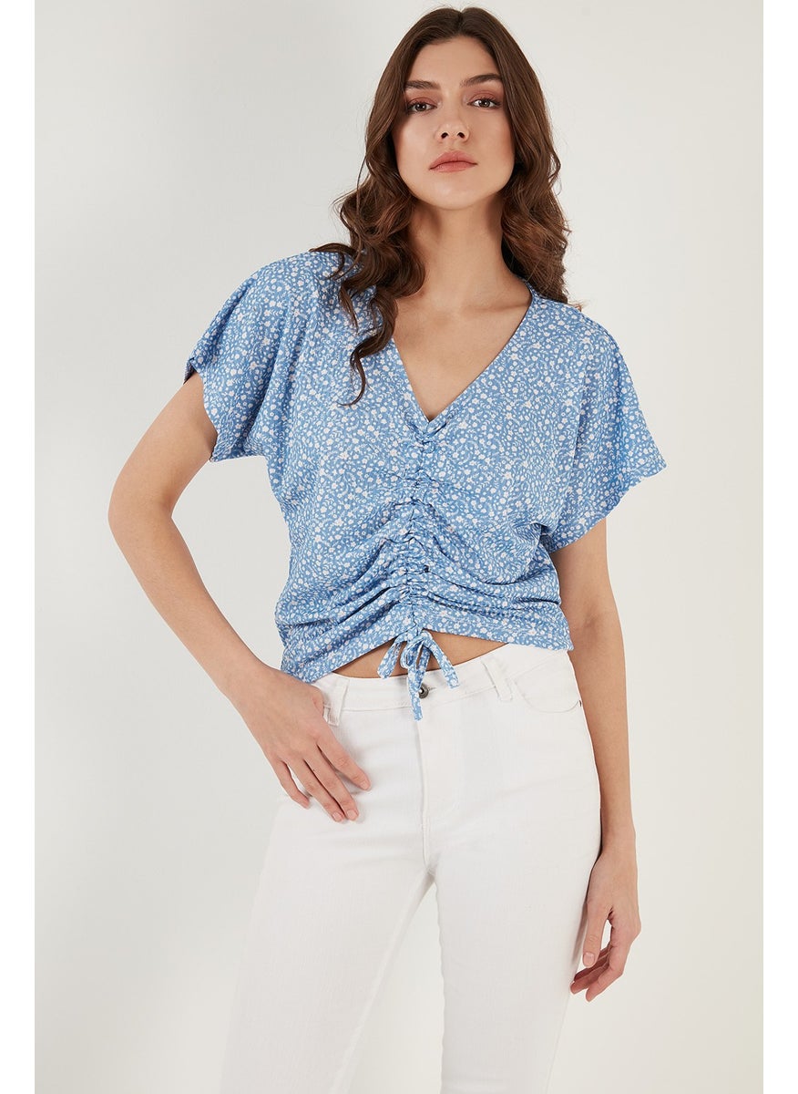 Flower Patterned Gathered Front V-Neck Crop Blouse Women's Blouse 5864486Y4