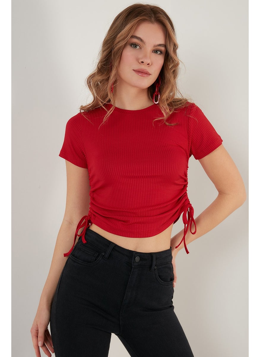 Side Gathered Short Sleeve Crop Blouse Women's Blouse 5864010