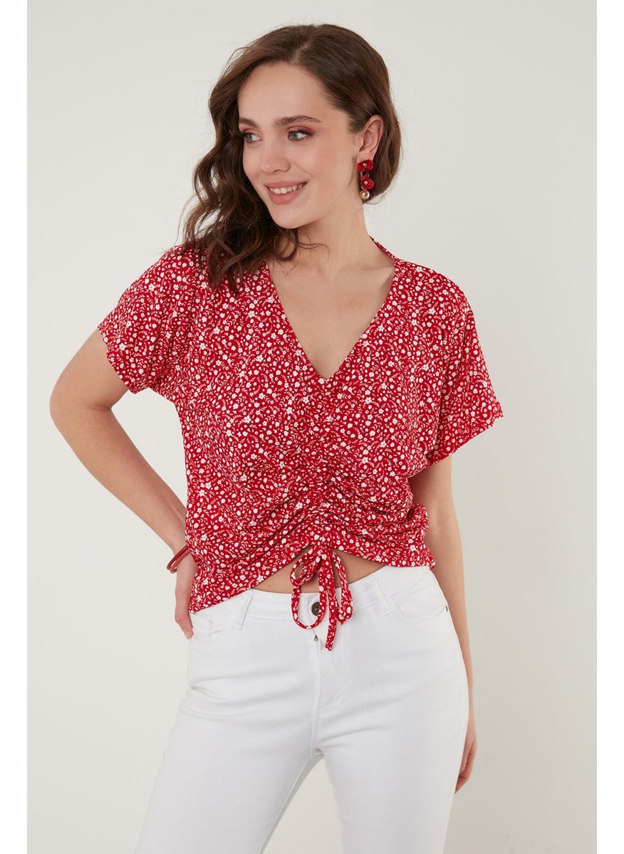 Flower Patterned Gathered Front V-Neck Crop Blouse Women's Blouse 5864486Y4