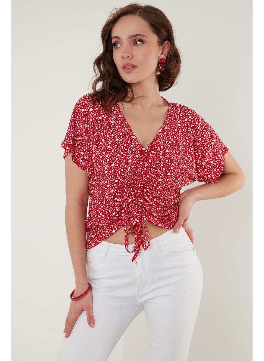 Flower Patterned Gathered Front V-Neck Crop Blouse Women's Blouse 5864486Y4