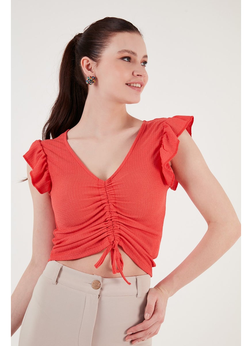 Smock Detailed Slim Fit Crop Blouse with Frilly Sleeves Women's Blouse 5865015