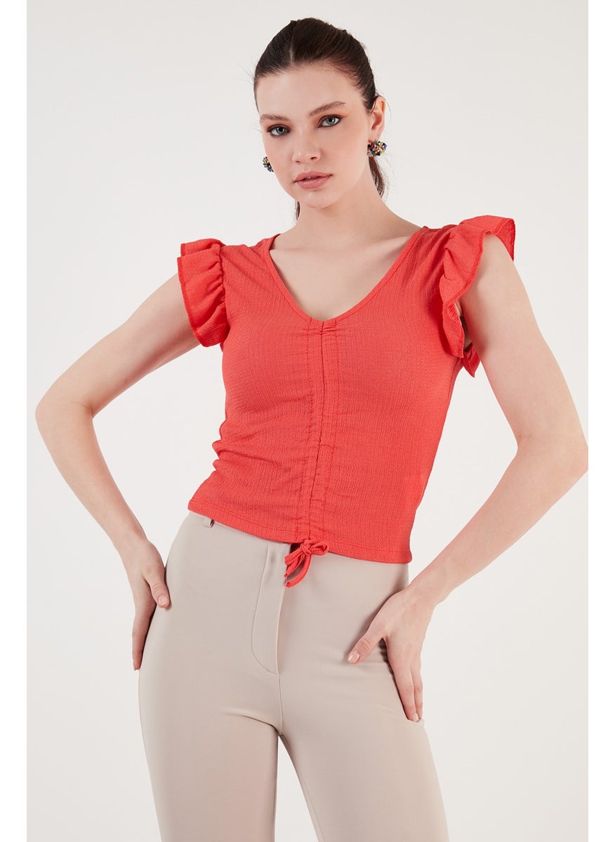 Smock Detailed Slim Fit Crop Blouse with Frilly Sleeves Women's Blouse 5865015