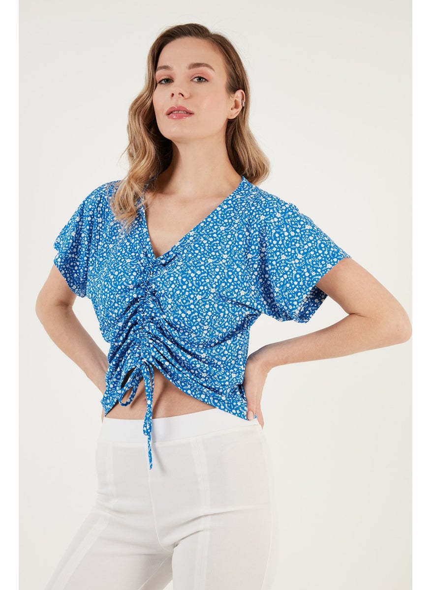 Patterned Gathered Front V-Neck Crop Blouse Women's Blouse 5864486Y4