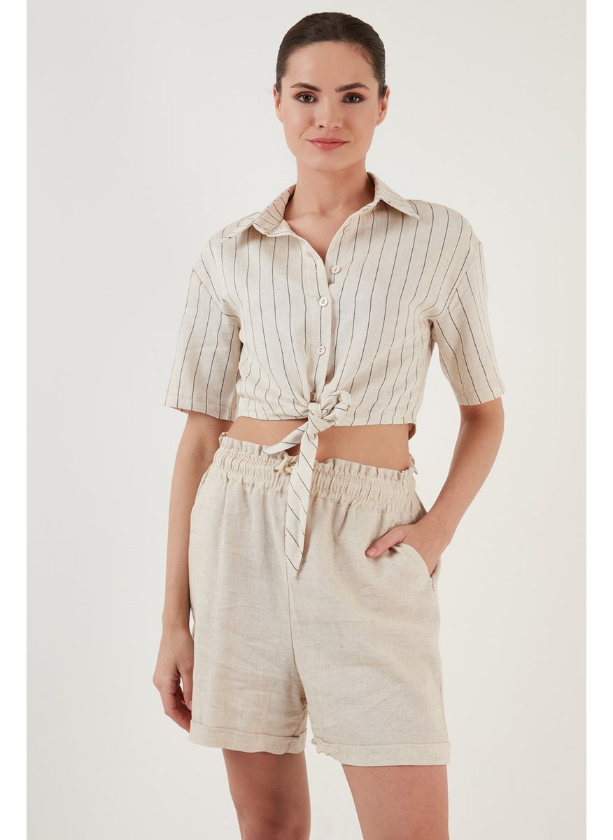 Linen Look Tie-Up Short Sleeve Crop Shirt Women's Shirt 611AU00710