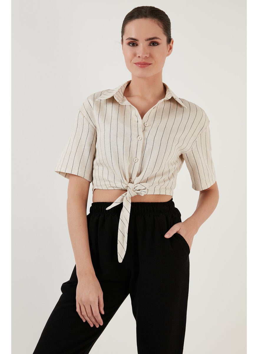 Linen Look Tie-Up Short Sleeve Crop Shirt Women's Shirt 611AU00710