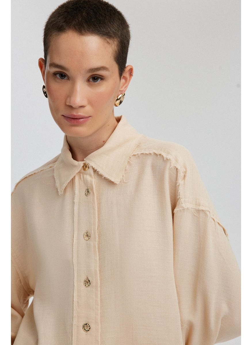 Gold Button Detailed Fringed Shirt