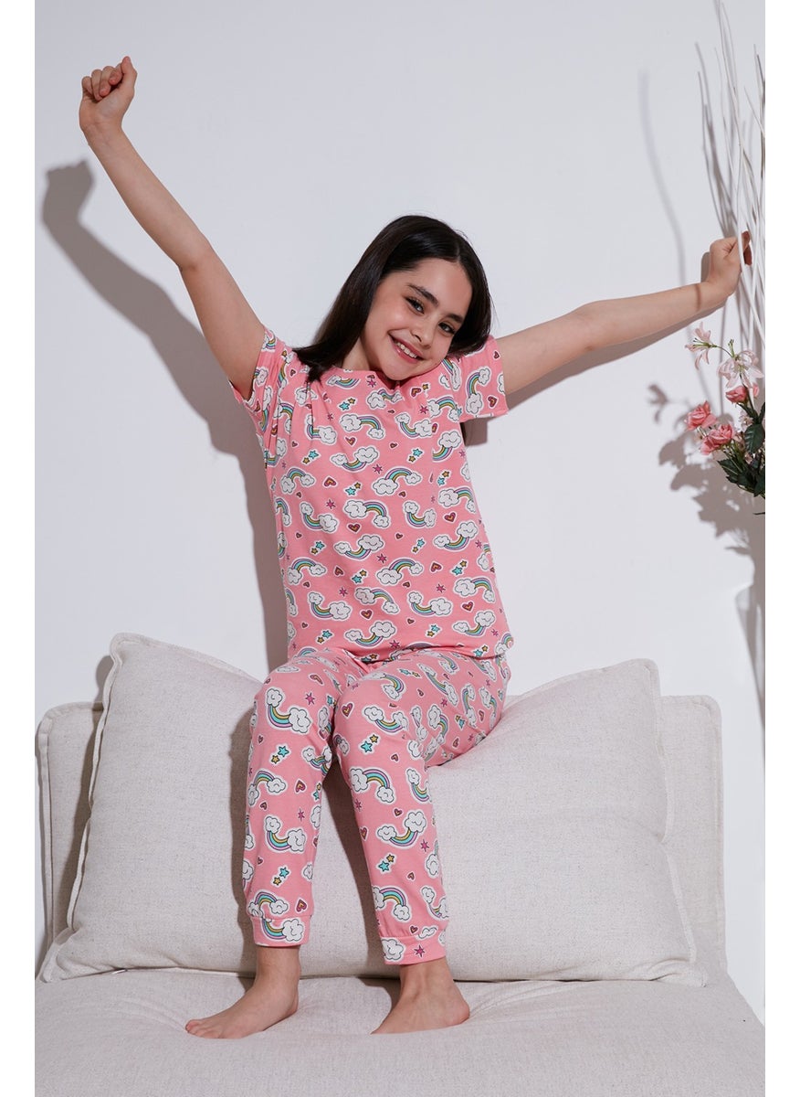 100% Cotton Crew Neck Short Sleeve Pajama Set Girl's Pajama Set 6651004