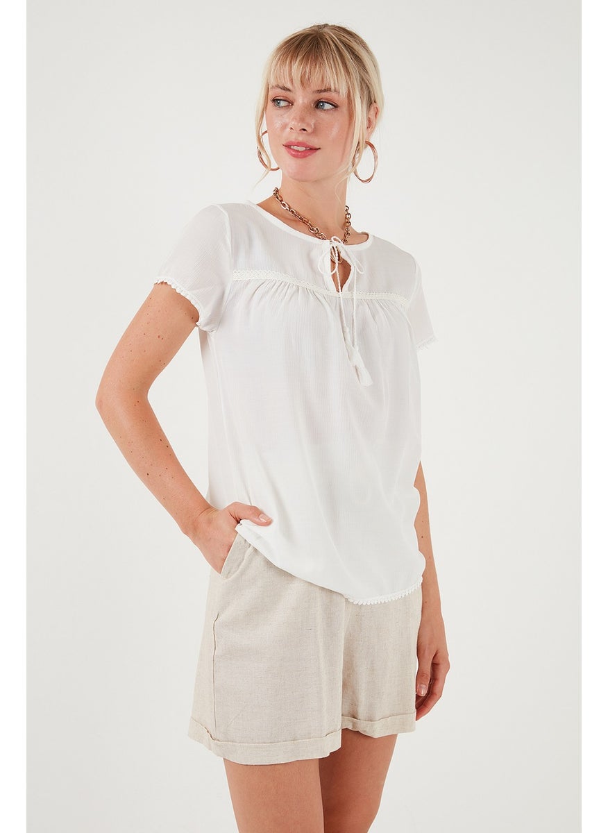 Tie Collar Short Sleeve Regular Fit Blouse Women's Blouse 5865641