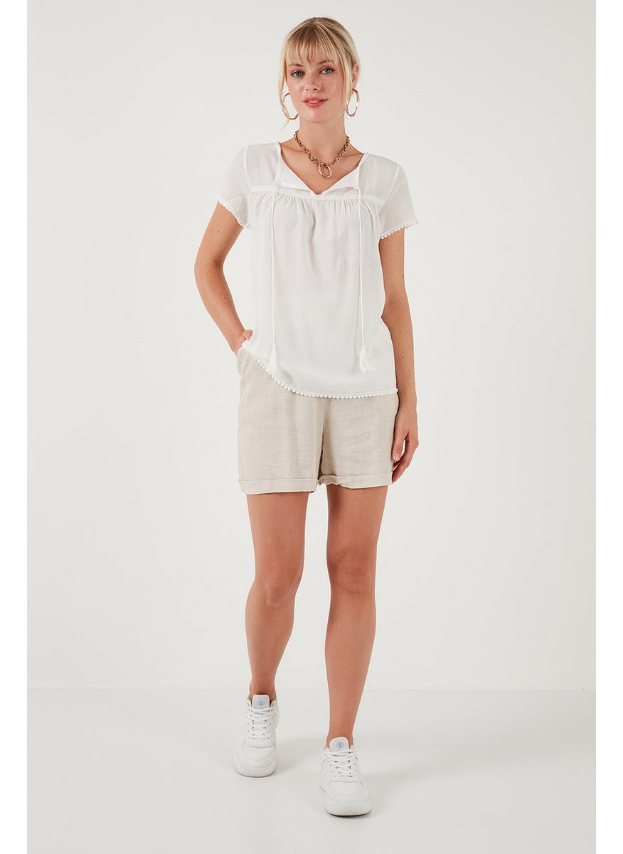 Tie Collar Short Sleeve Regular Fit Blouse Women's Blouse 5865641