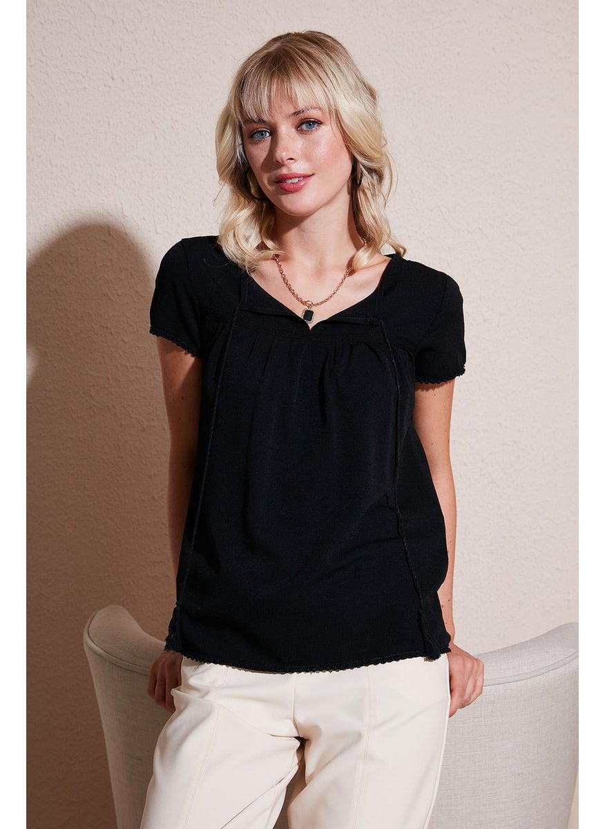 Tie Collar Short Sleeve Regular Fit Blouse Women's Blouse 5865641