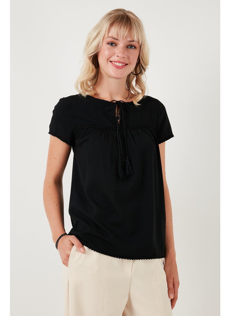 Tie Collar Short Sleeve Regular Fit Blouse Women's Blouse 5865641