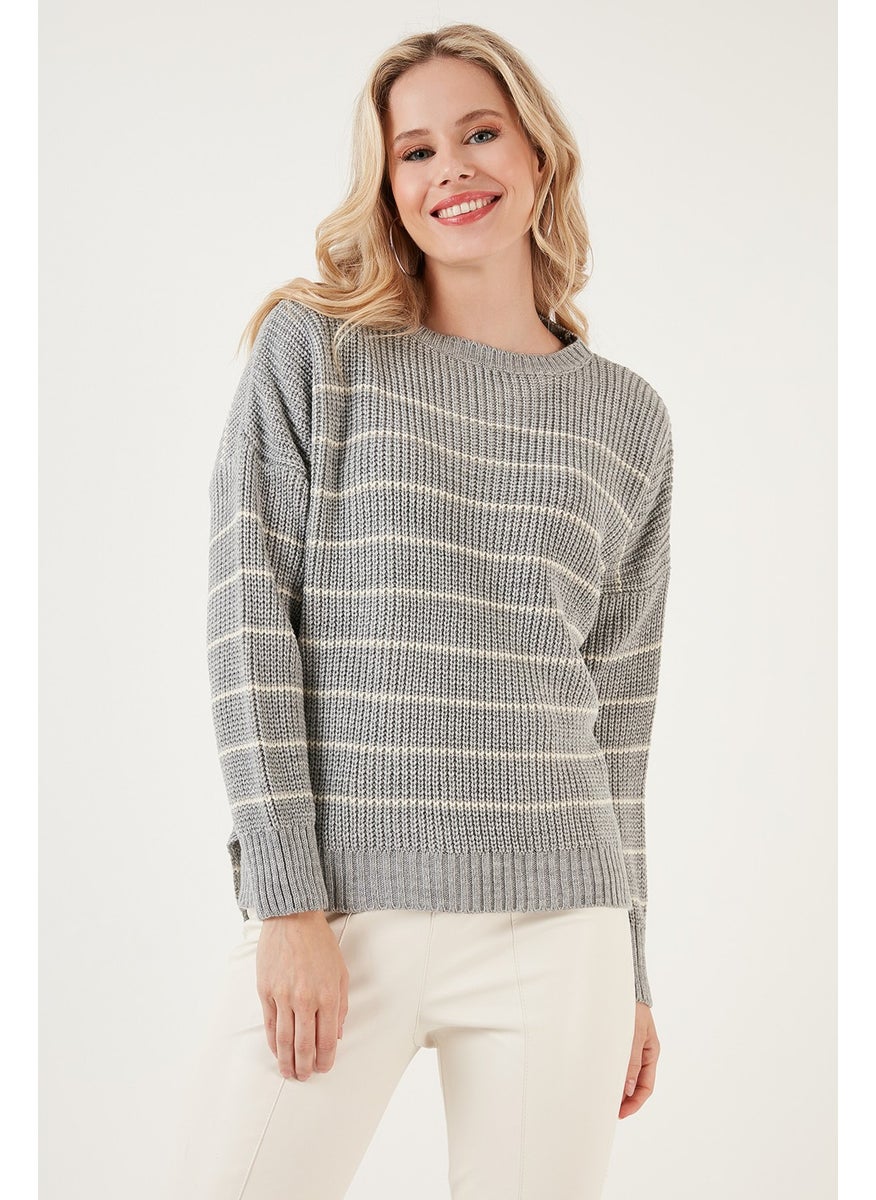 Striped Long Back Crew Neck Knitted Sweater Women's Sweater 4616133