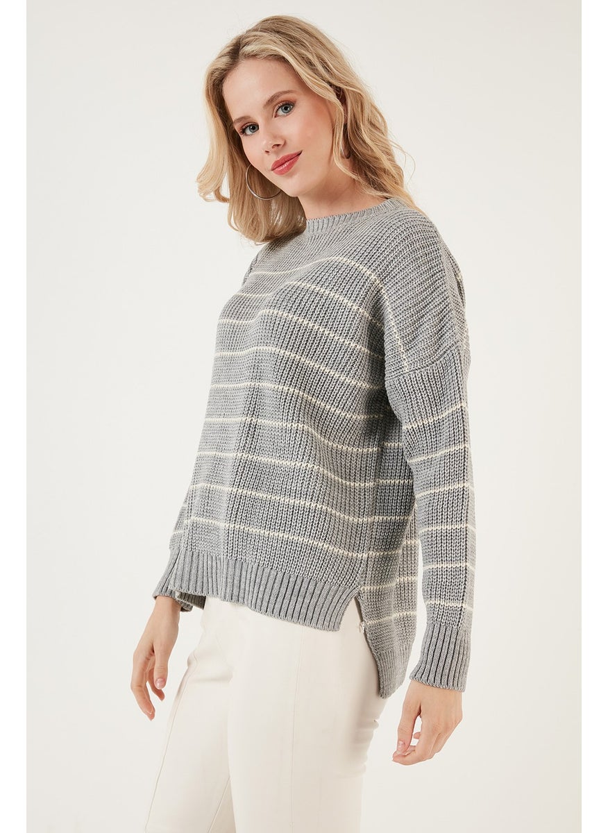 Striped Long Back Crew Neck Knitted Sweater Women's Sweater 4616133