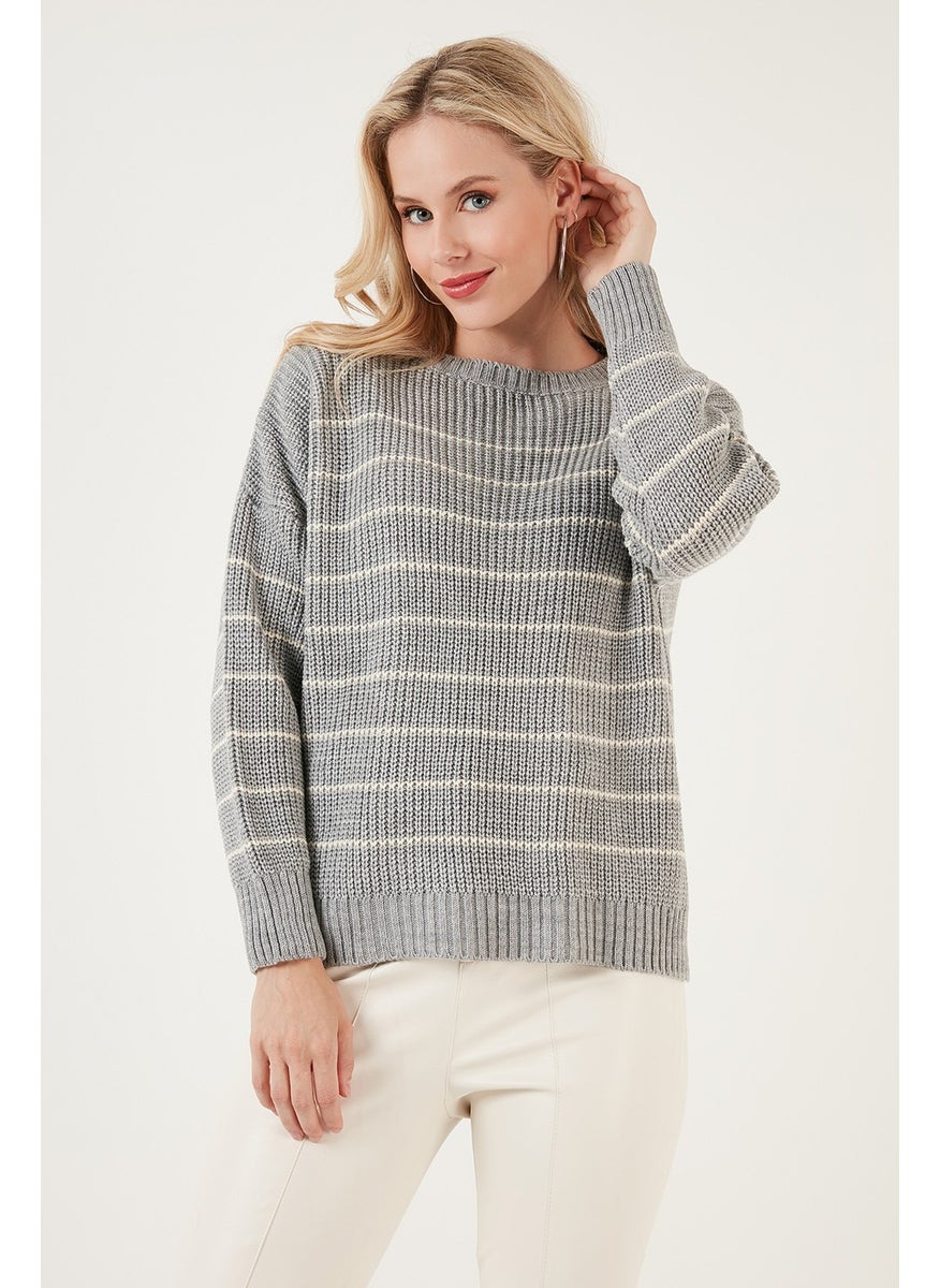 Striped Long Back Crew Neck Knitted Sweater Women's Sweater 4616133