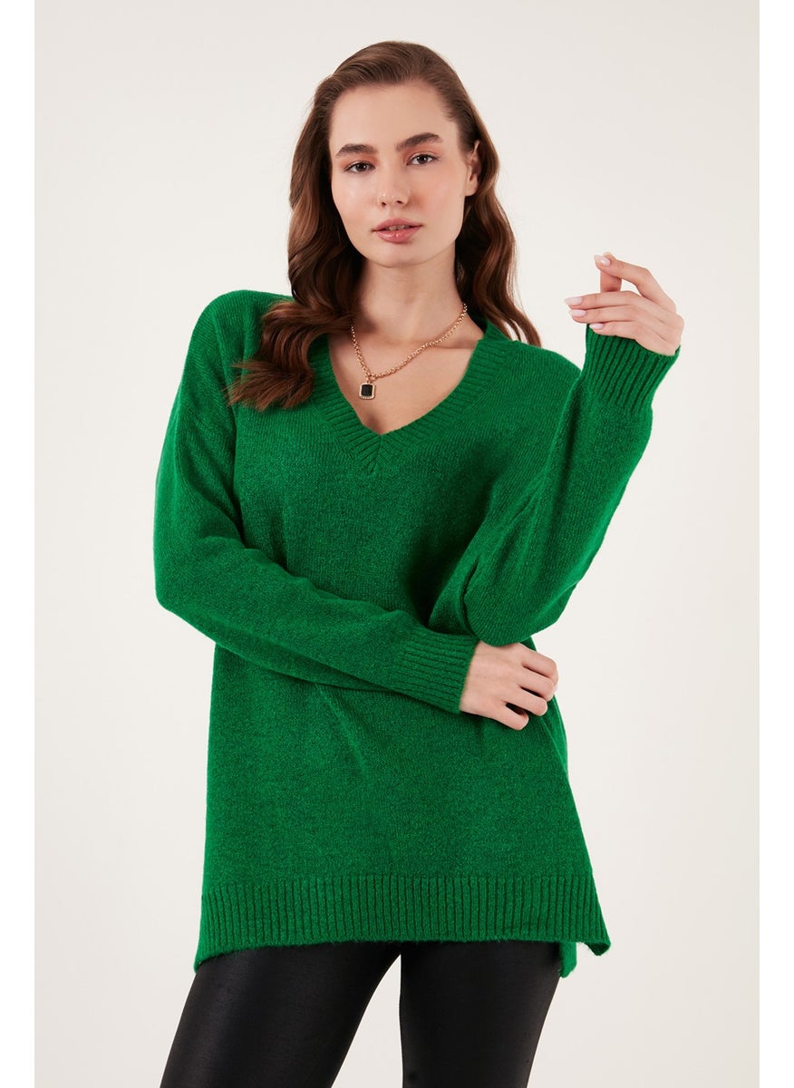 Regular Fit V-Neck Long Knitwear Sweater with Slits on the Sides Women's SWEATER 4616140