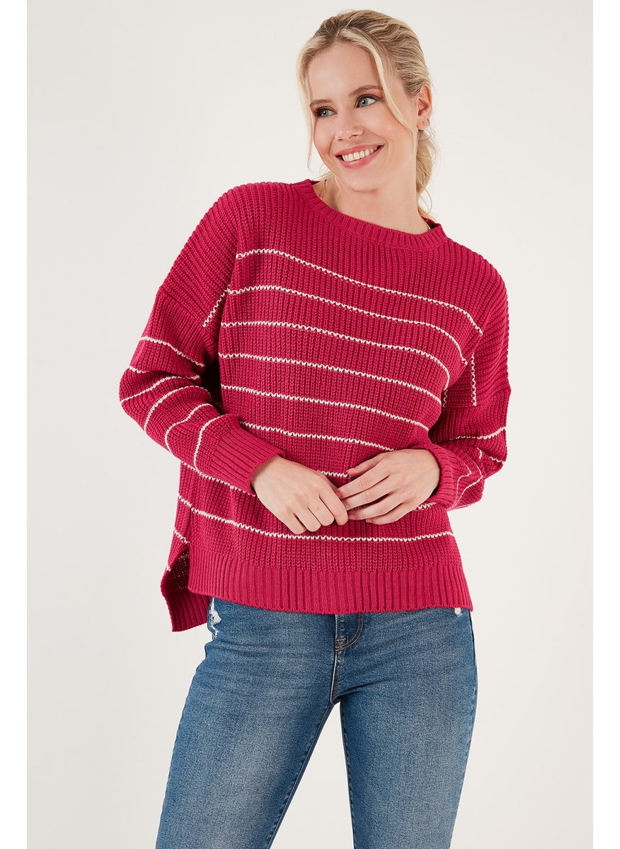 Striped Long Back Crew Neck Knitted Sweater Women's Sweater 4616133