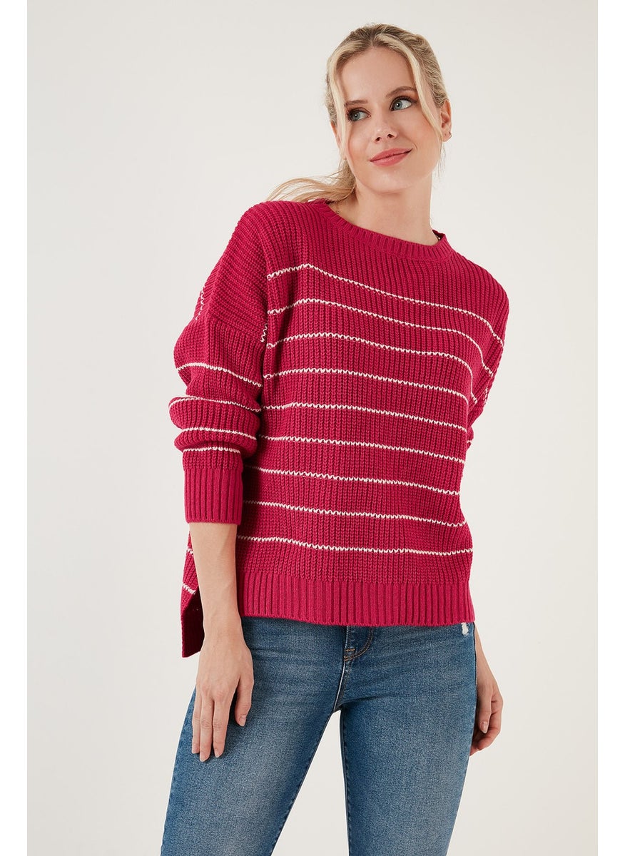 Striped Long Back Crew Neck Knitted Sweater Women's Sweater 4616133