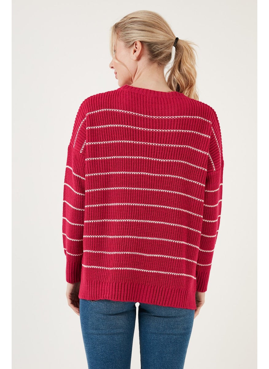 Striped Long Back Crew Neck Knitted Sweater Women's Sweater 4616133