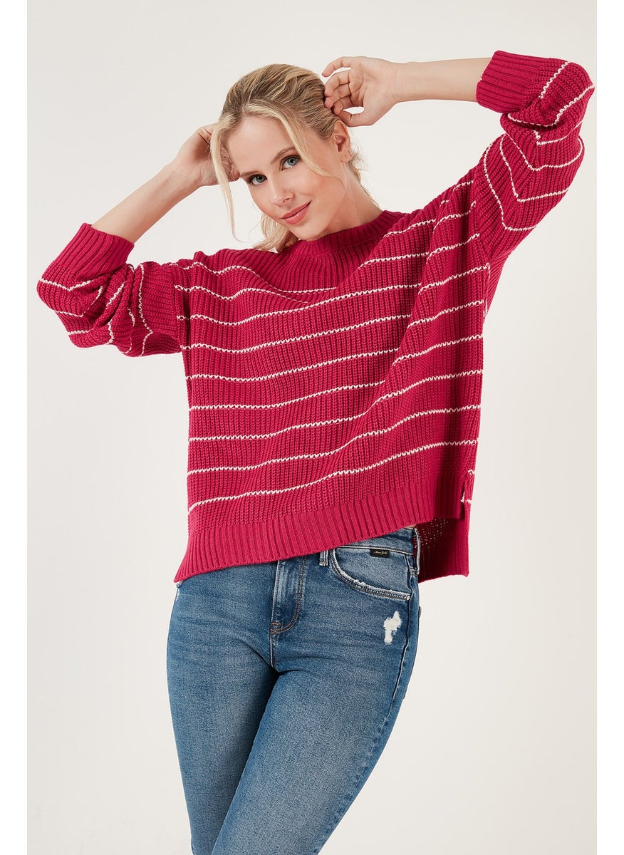 Striped Long Back Crew Neck Knitted Sweater Women's Sweater 4616133