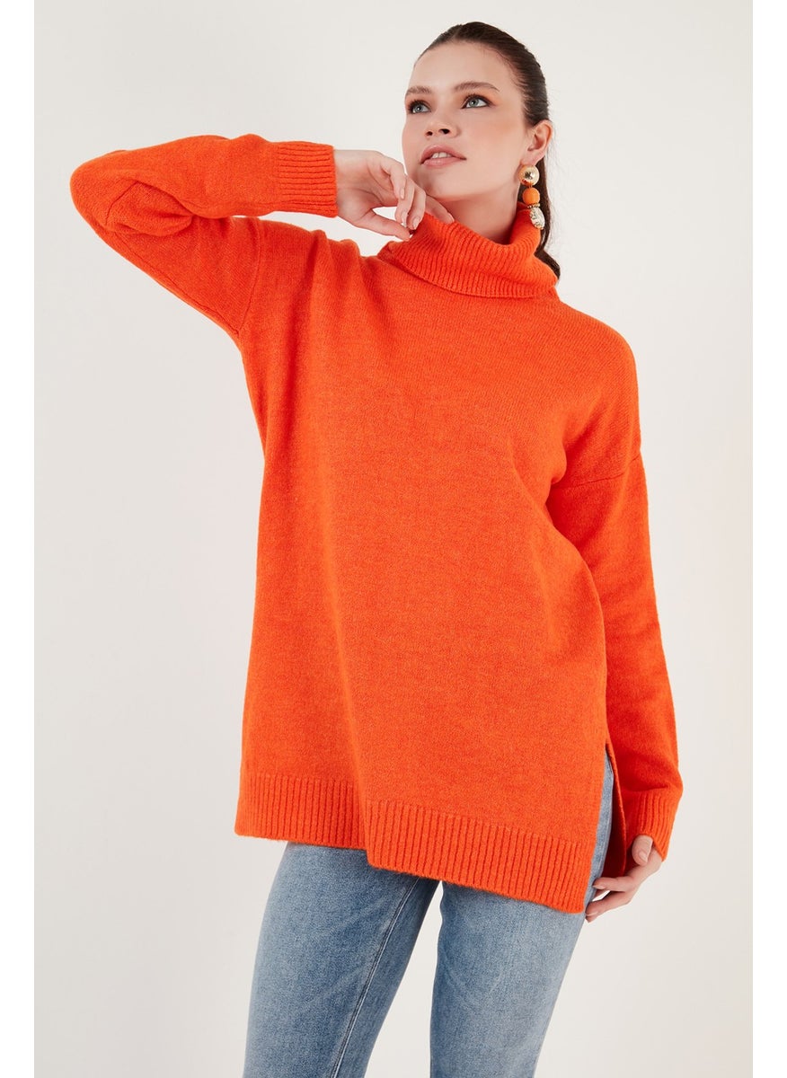 Regular Fit, Side Slits, Turtleneck Long Knitwear Sweater Women's Sweater 4616141