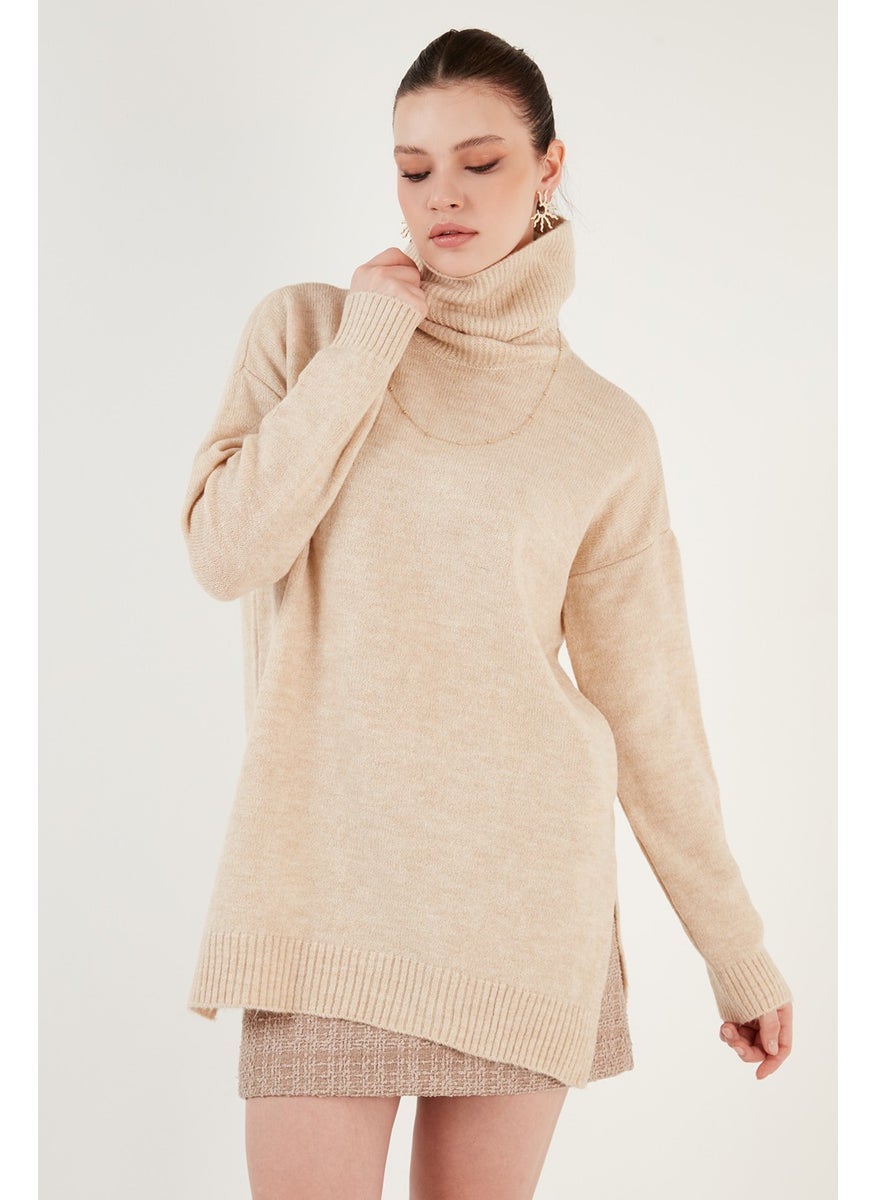 Regular Fit, Side Slits, Turtleneck Long Knitwear Sweater Women's Sweater 4616141