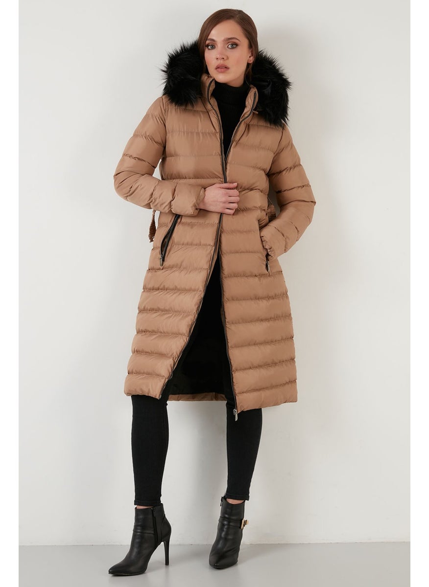 Removable Hairy Hooded Long Coat with Pockets Women's Coat 497FIRUZE